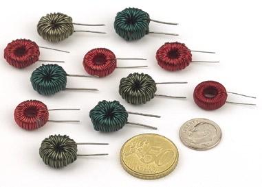 MN350 Small Toroidal Inductors 10 µh @ 1.45 Amps to 680 MHz @ 0.17 Amp. Stable at high frequency. Non standard values available. Economy construction. PCB mountable. EMI/RFI suppression.