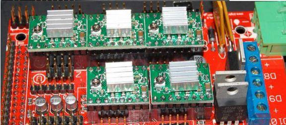 Align the stepper drivers as shown with the small potentiometer towards the top of