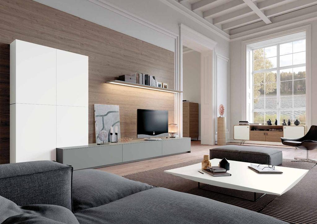 TORTONA OAK GREY HIGH GLOSS WHITE PORCELAIN PAINTED WOOD VELLUTO DUST GREY A comfortable living space that flows easily with a balanced combination of wood designs and coordinated solid colours.