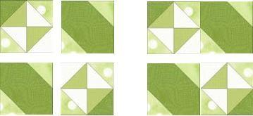 3. Pin and sew one white and one light green 2¼" finished HST together as shown. Press seam toward light green triangle.