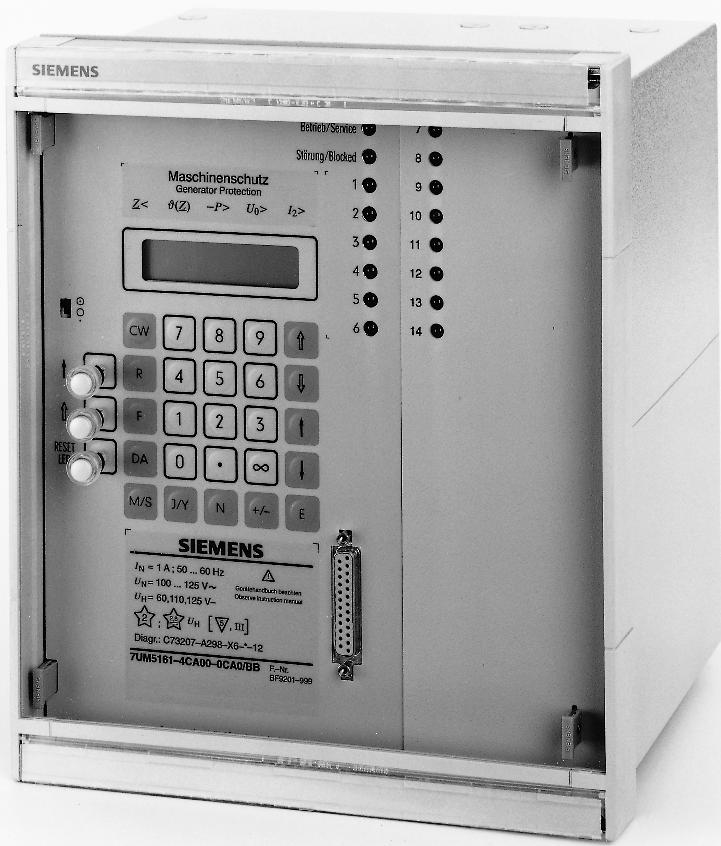 Scope of functions 21 32 32R 46 64 78 Fig. 1 7UM516 generator protection Application The 7UM516 is a numerical generator protection relay and is mainly used with larger generation units.