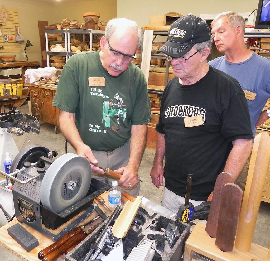 July Demonstration: Look Sharp, Be Sharp Tom Boley and Tom Shields demonstrated how they keep tools sharp making turning safer and more effective.