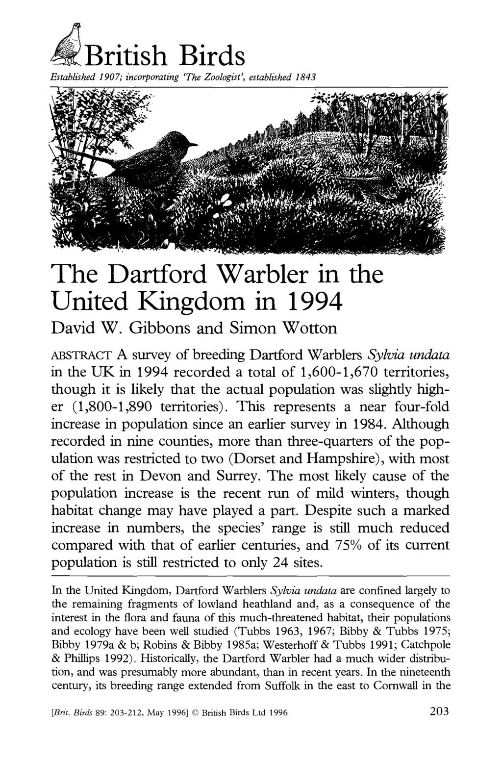 British Birds Established 9; incorporating 'The Zoologist', established 843 The Dartford Warbler in the United Kingdom in 994 David W.