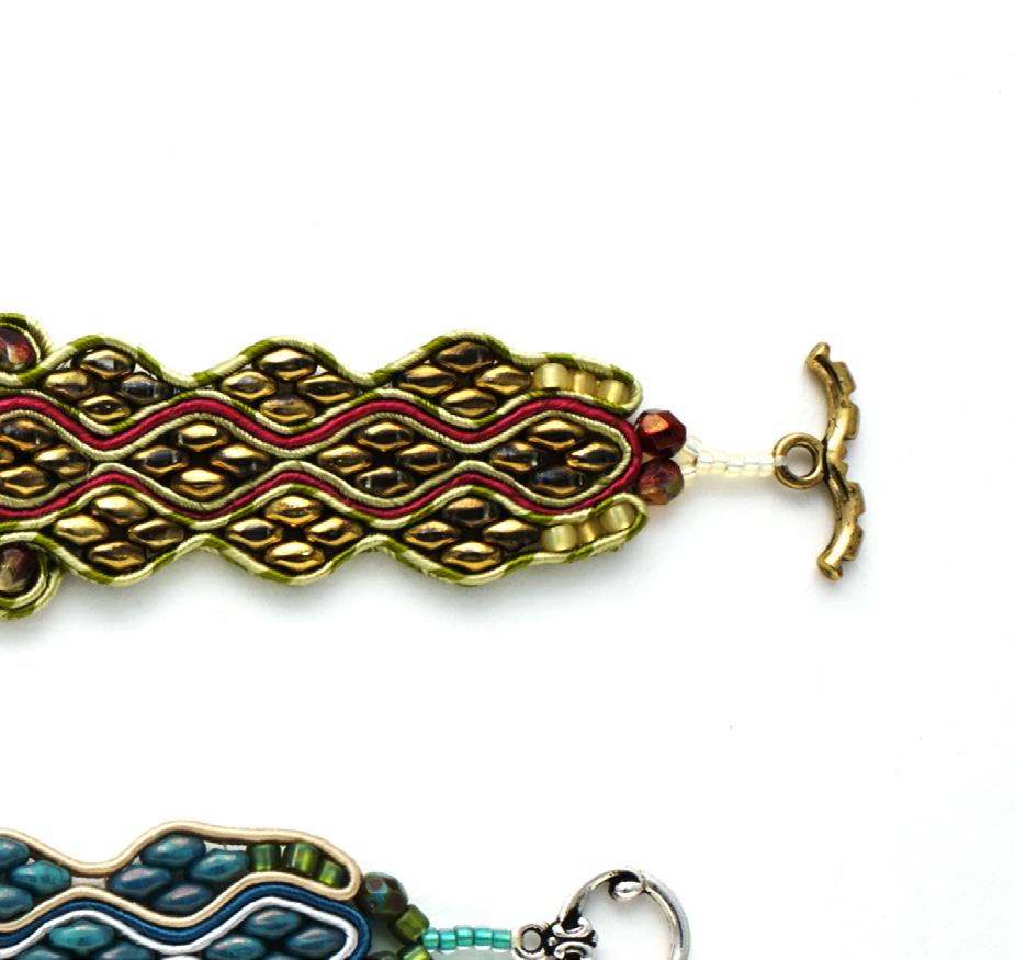 Difficulty rating Create ribbons of soutache braid that meander through clusters of SuperDuos and flow around a cabochon.