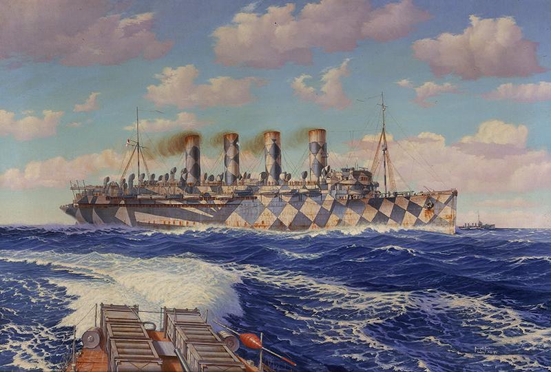 Mauretania (I) in dazzle paint as a troopship during WW1 by Burnell Poole, oil on canvas, 1919. From collection of National Museums Liverpool, MMM.1968.184.