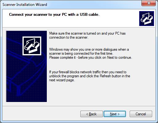 If the installation wizard does not start up, perform one or more of the following: Unplug and reinsert the USB connections to scanner and PC. Ensure the USB cable is connected firmly at both ends.