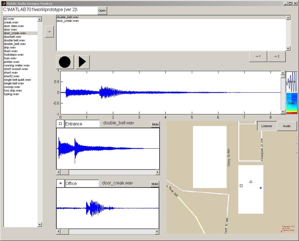 Fig. 1. Interactive Prototype This software provides a visual representation of the location of the user and of the audio sources, as well as the characteristics of the sounds themselves.