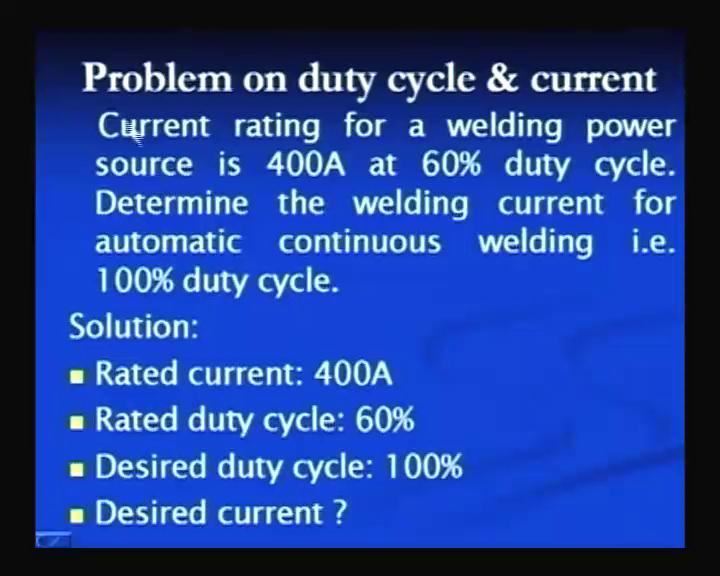(Refer Slide Time: 49:52) Like the current rating for a welding power source is 400 at 60 percent duty cycle; means from the power source we can draw 400 ampere current at 60 percent duty cycle.