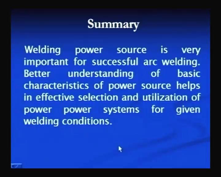 (Refer Slide Time: 57:04) So, in this lecture you have seen that the constant voltage power sources, the rising characteristic power source, the duty cycle