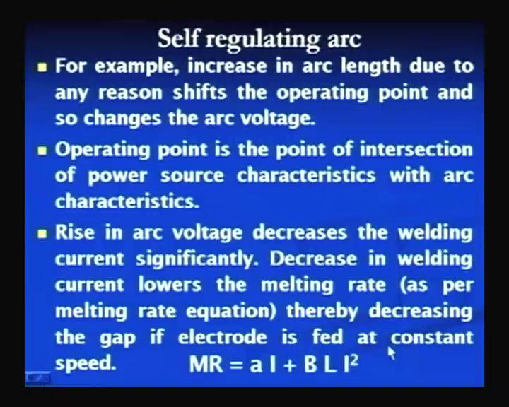 (Refer Slide Time: 08:51) For example, increase in arc length due to any reason shifts the operating point so as to change the arc voltage, means if there is any change in arc length it shifts the