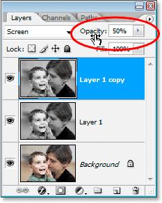 Once you ve changed the blend mode, move over to the Opacity option in the top right of the Layers palette and lower the opacity of the layer to 50% to reduce the brightness: Lower the opacity of the