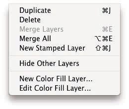 50 Perfect Layers (Home) Layer Menu Duplicate: Duplicates or copies the current layer. Delete: Deletes the current layer. Merge Layers: Merges the selected layers into a single layer.