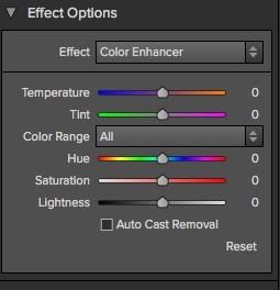 Color Enhancer The color enhancer can be used to control the saturation or vibrancy of colors in the image. This can be done on a global basis (All) or per a range of colors.