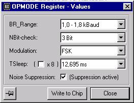 ATAK57xx Software Description [Preliminary] Receiver OPMODE Register - Values Window In the OPMODE Register - Values window, the receiver operation mode registers are configured. Figure 23.