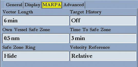 GMR 21/41 OPERATION > THE RADAR ADJUSTMENT MENU MARPA Setup Menu To change a MARPA field option: 1. Use the Rocker to highlight the desired field and press ENTER to activate the field selections. 2. Use the Rocker to highlight the desired selection.