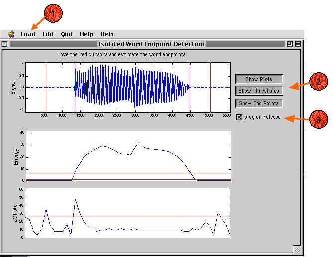 The demonstration Type epd to launch the demo. When the window appears, use the load menu (1) to load a sound file. The signal can be played by clicking anywhere within the signal axes.