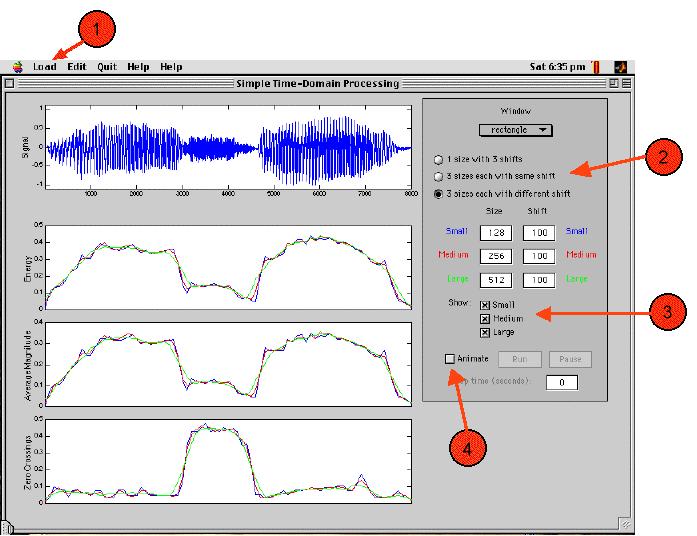 Type timedom to launch the demo. When the window appears, use the load menu (1) to load a sound file. The signal can be played by clicking anywhere within the signal axes.