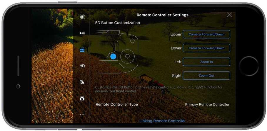 5D Button Customization: This lets you control what the 5D Joystick button does. (Mavic Pro only) You have a choice of: Camera Forward/Down will switch camera direction from facing forward to 90 down.