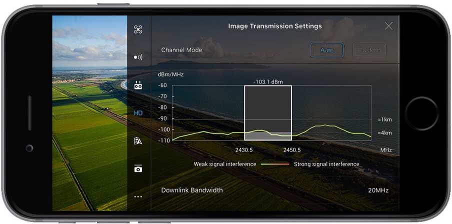 6. Image Transmission Settings: This controls the signal between the aircraft and the remote controller. The signal can be set to Auto or Manual.