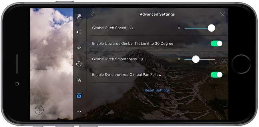 Advanced Settings: Here you can set gimbal functions. Gimbal Pitch Speed: This controls the speed at which the gimbal tilts.
