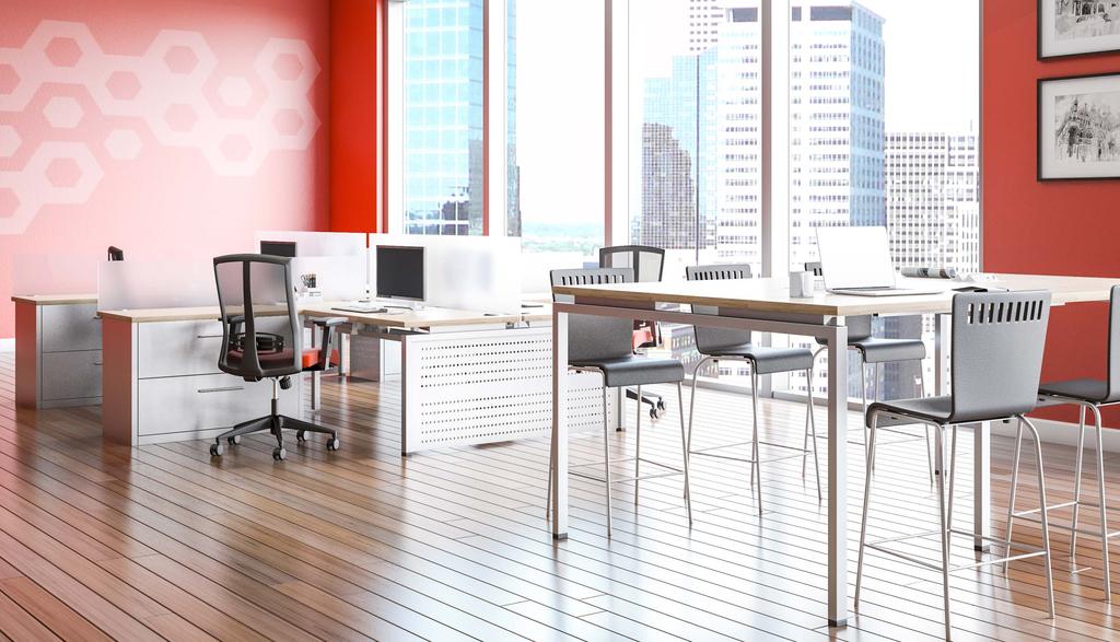 BLADE STANDING-HEIGHT & BENCHING FEATURING: File/File Lateral Dry-Erase Frosted Glass Divider Leg End Panel