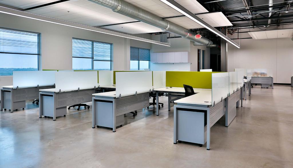 BLADE BENCHING FEATURING: Box/Box/File Pedestal Dry-Erase Frosted Glass Divider Crocodile Tackable Fabric Divider