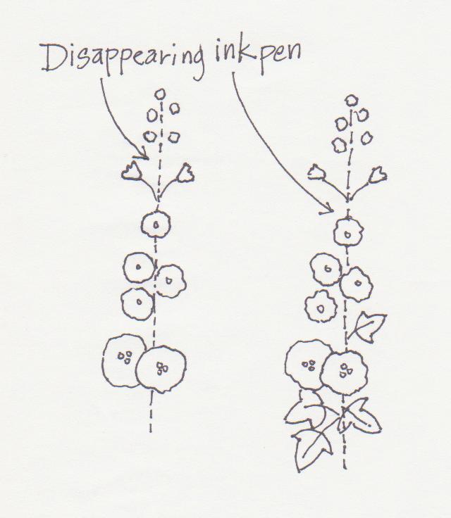 Illustration #1 Using a disappearing ink pen (not the blue water-soluble type pen), draw a line for the stalk, which will guide you in the placement of the flowers.