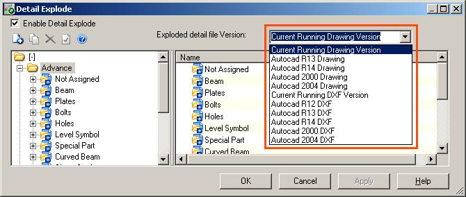 Document Manager DM 1: Batch explode: selection of the AutoCAD version The AutoCAD version of the exploded drawings can be selected using a new option in the dialog box.