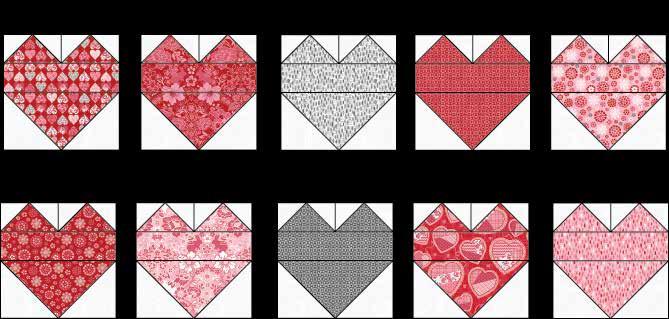. 9. Sew (2) small MAM units, (1) 2 ½ x 8 ½ Fabric A strip and (1) large MAM unit together to make (1) A-heart (Fig. 10).