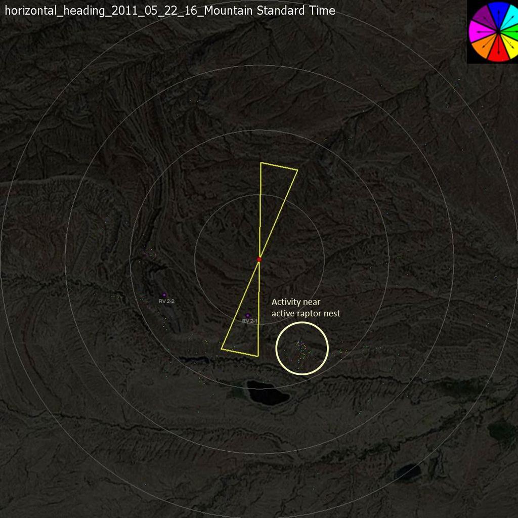Figure 2: Large Targets. This image plots large targets that were recorded in the horizontal radar on May 22, 2011, from 4 p.m. to 5 p.m. MST.