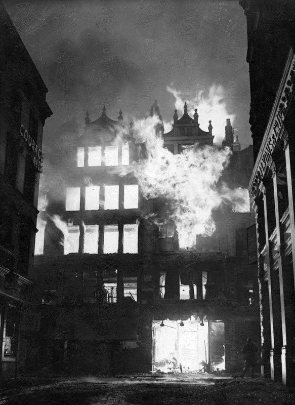 Picture 9 Fire engulfs a building in London during a German air raid, 1 December 1940. Credit: Hulton Archive / Hulton Archive / Getty Images / Universal Images Group For education use only.