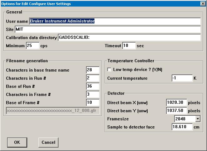 4) The Options for Edit Configure User Settings dialogue will open. The values shown in this picture are not correct. Look at the note on the monitor for the correct values. a. Focus on the values in the lower right-hand corner, in the area labeled Detector b.
