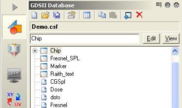 28. In the Raith software, select the Design icon and enable the GDSII Database window. Open the Demo.csf file from your home directory.