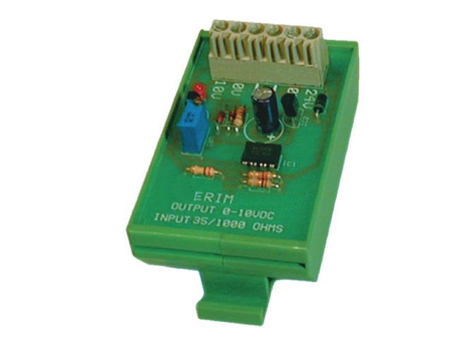 Input-Output Modules Section 08 B.M.S RESISTANCE INPUT MODULE 135/1000Ω IN 0-10VDC OUT ERIM These units convert 0-135 ohm or 0-1000 ohm input to a 0-10vdc output. Multi-turn pot to adjust output.
