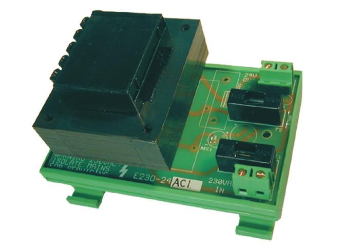 Input-Output Modules Section 08 TRANSFORMERS E230.. Din rail mounting modules used to convert AC and DC voltages. Max Ambient -10/+50 C Terminals 0.5-2.