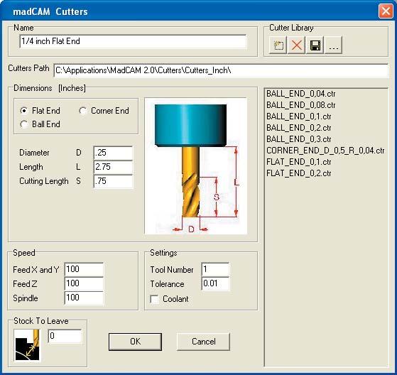 Step 3: Create and load a cutting tool. Click the Create Cutter button to create a new cutter or load an existing cutter. Step 4: Cutter parameter window.