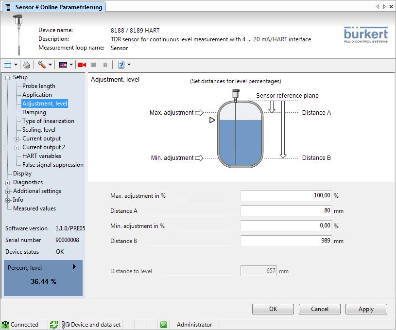 7 Setup with PACTware Fig. 16: Example of a DTM view Device DTMs General information The device DTM includes an assistant for simple project configuration simplifying the adjustment considerably.