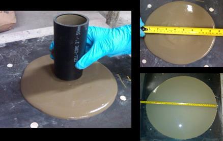 Figure 2: Grout flowability measurement using spread flow test. The compressive strength of grouts that achieved the recommended grout efflux time (i.e. 35 to 40± 2 s) was evaluated on 50 mm [2 in.