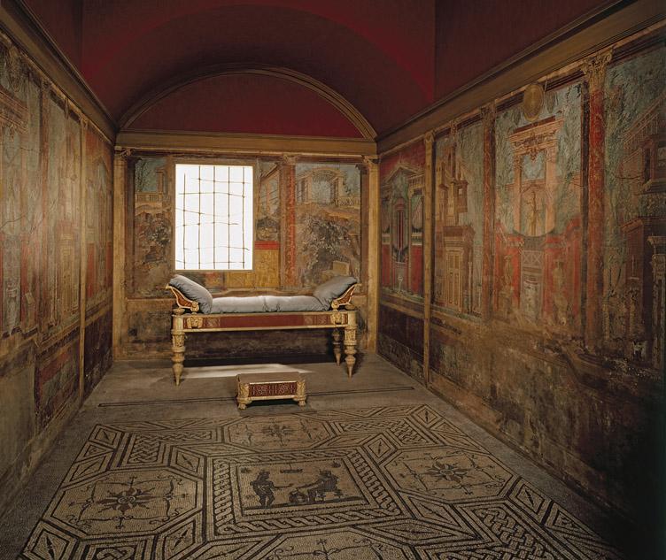 Title: Reconstructed bedroom Date: Late 1st century CE, with later furnishings.