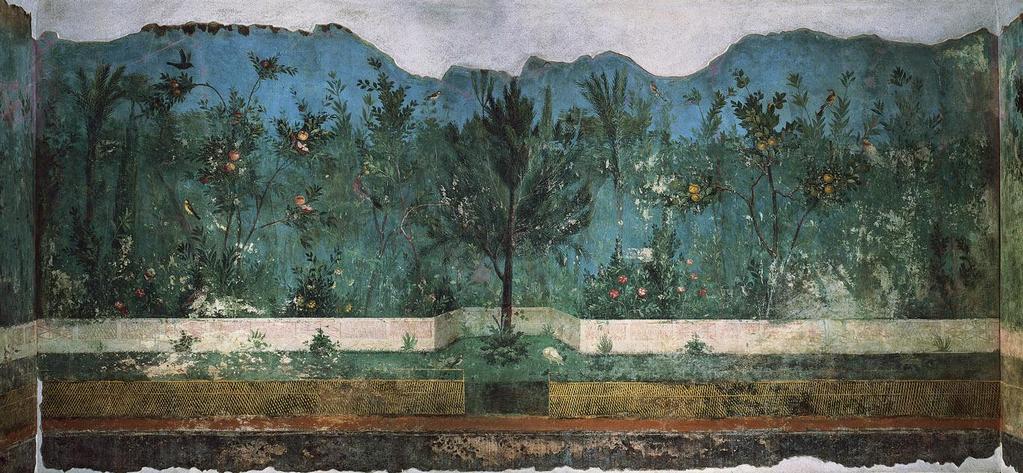 Title: Garden Scene Medium: Detail of a wall painting Date: Late 1st century BCE Dining Room walls, not a stage set of cityscape, artist
