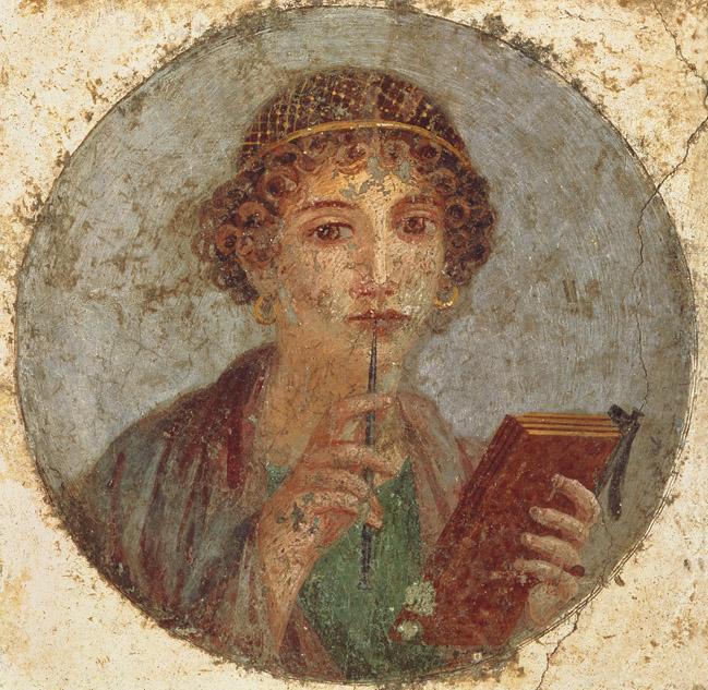 Title: Young Woman Writing Medium: Detail of a wall painting Size: diameter 14 ⅝ Date: Before 79 CE Tondo- circular