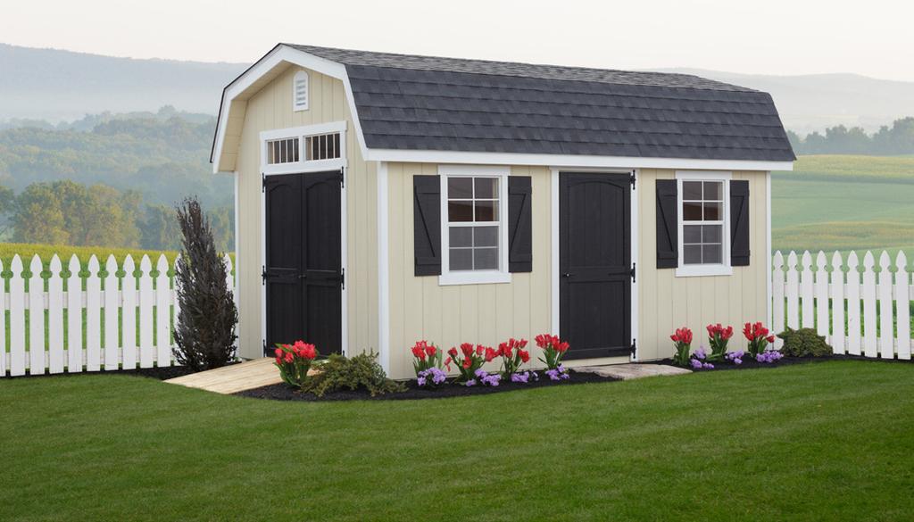 20 customize your classic dutch barn 10' x 16' classic dutch barn almond white trim black shutters & doors black roof 24" x 36" window & shutters 76"walls 30-year