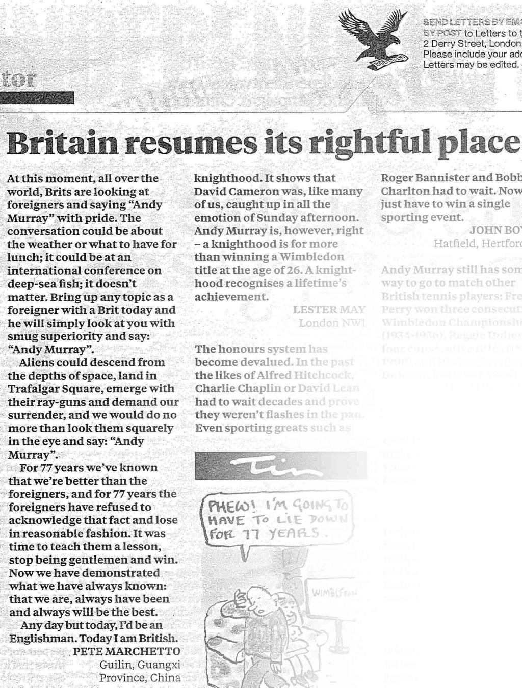 Lead letter in the UK's Independent newspaper, 09 July, 2013.