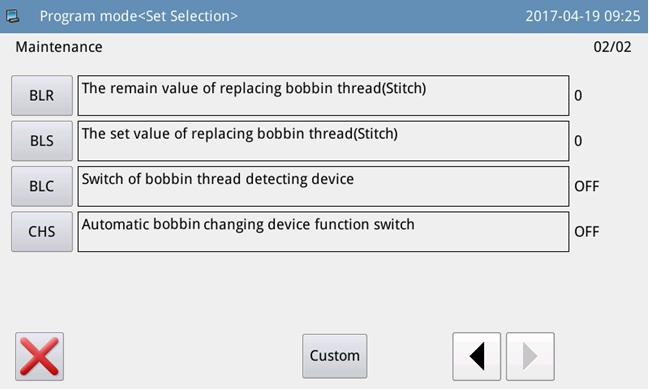 7-3. Setting the bobbin thread remaining amount detecting device Part number of complete set : 40173537 1) Press the key on the main screen P1 to display the "Menu screen".