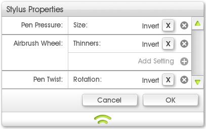 Stylus Controls This is done via the Stylus Properties Panel, which can be opened using the Set Stylus Properties menu option which can be found by clicking the Preset Block at the top of the Tool