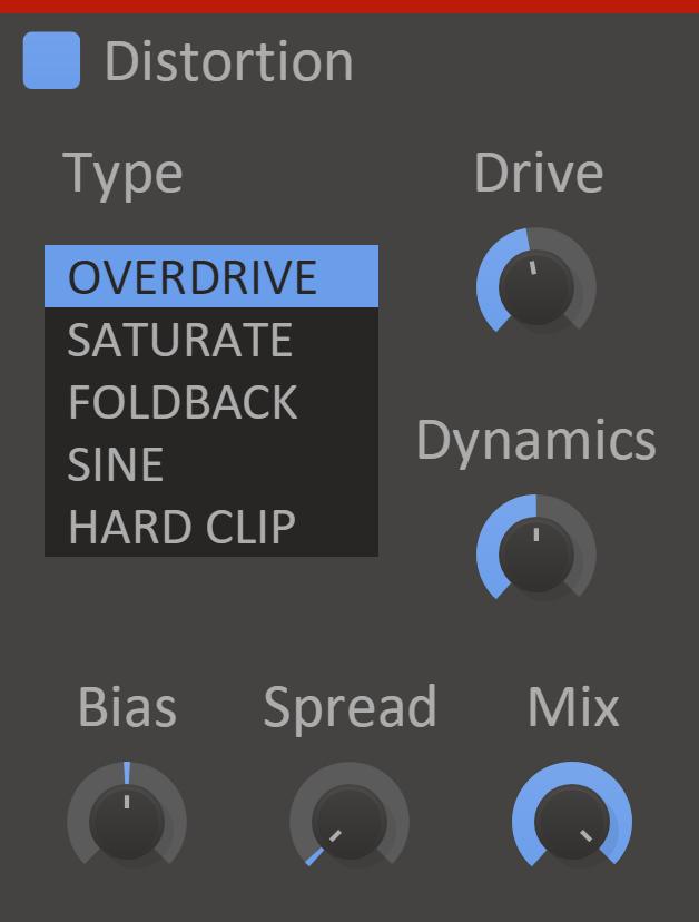 Distortion The Distortion is a versatile distortion effect with a wide selection of algorithms. Drive The drive setting will boost the input signal, causing a heavier distortion.