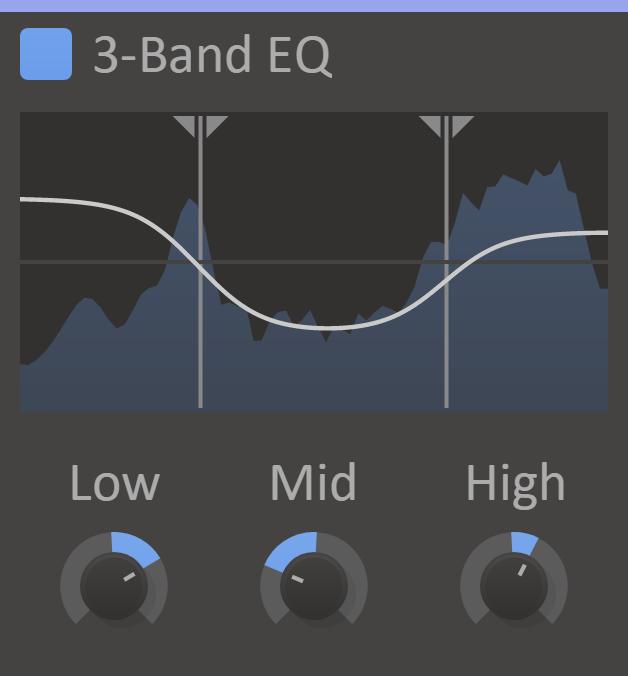 3-Band EQ The EQ 3-Band is a three band EQ with adjustable split frequencies Splits Adjusts cutoff frequency between low and mid, and between mid