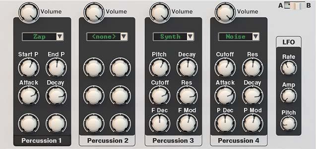 5.2.2 VIEW B PERCUSSION CAPSULE has 4 percussion slots, into which you may load any of the 7 available synthesis types.