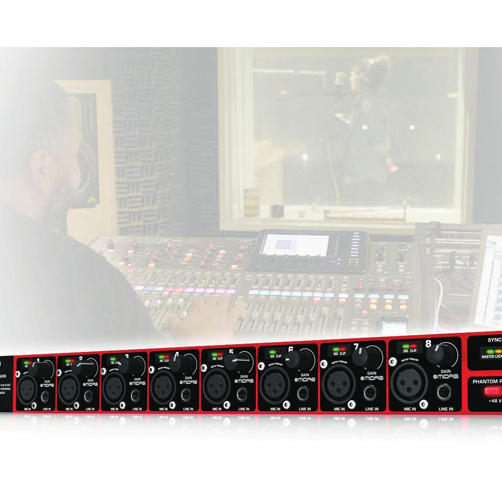 Ultra-high quality 8-channel A/D and D/A interface for virtually any digital recording/ mixing environment 8 state-of-the-art MIDAS designed Mic Preamplifiers Phantom power on all microphone inputs