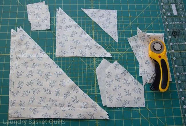 block: 4 extra large 11-1/4 setting HSTs 2 light tree side pieces cut with template 2
